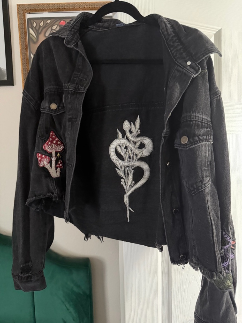 Disturbia Black Embroidered Denim Jacket with Snake & Mushroom Accents